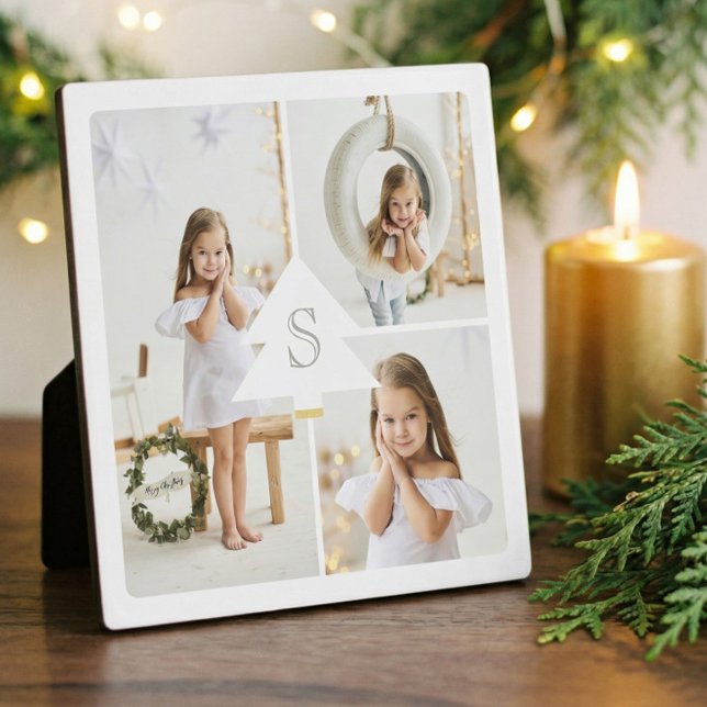 Modern Pine Tree Monogram Three Foto Collage Fotoplatte (Elegant Minimal Tree Monogram Photo Collage Design Plaque)