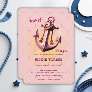 Modern Pink Ahoy! Anchor Nautical Baby Dusche Einladung