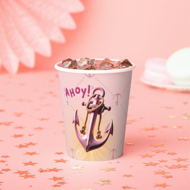 Modern Pink Ahoy! Anchor Nautical Baby Dusche Pappbecher (Insitu)