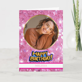 Modern Pink and Gold Glitter Photo & Name Birthday Karte