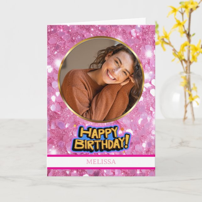 Modern Pink and Gold Glitter Photo & Name Birthday Karte (Gelbe Blume)