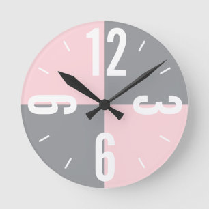 Modern pink and gray color blocks large numbers runde wanduhr