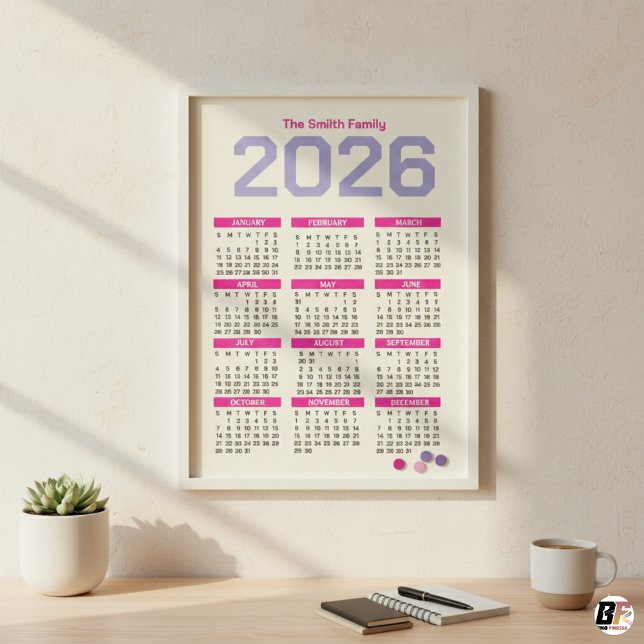 Modern Pink and Purple 2026 Yearly Family Calendar Magnetkarte (Von Creator hochgeladen)