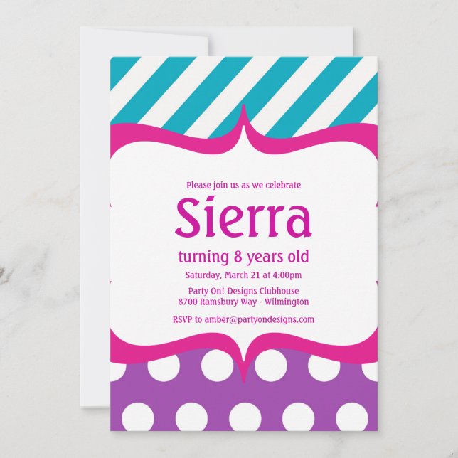 Modern Pink auf Hot Pink Aquamarin Polka Punkt Ein Einladung (Vorderseite)