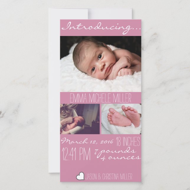 Modern Pink Baby Birth Announcement Foto Card Ankündigung (Vorderseite)