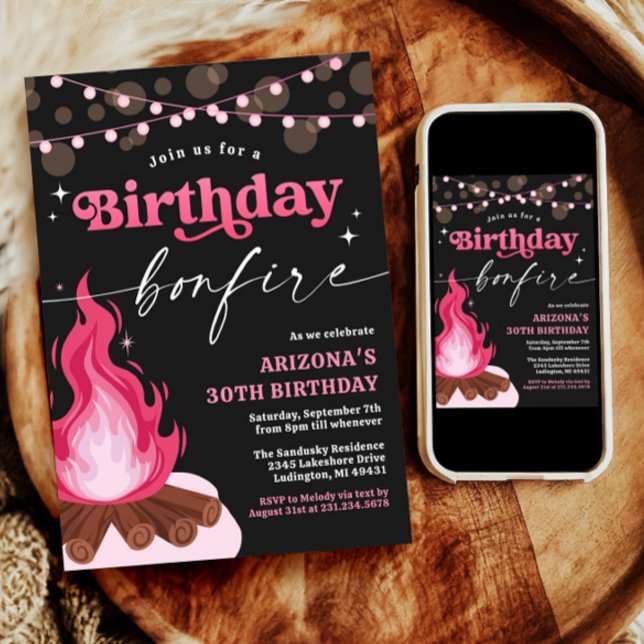 Modern Pink Birthday Bonfire Einladung (Modern Pink Birthday Bonfire Invitation)