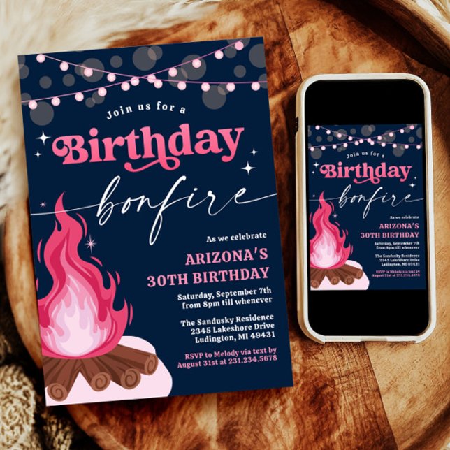 Modern Pink Birthday Bonfire Einladung (Modern Pink Birthday Bonfire Invitation
)