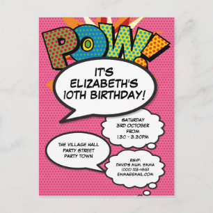 Modern Pink Birthday Party Fun Comic Buch Einladungspostkarte