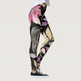 Modern Pink, Black and Gold Floral Leggings