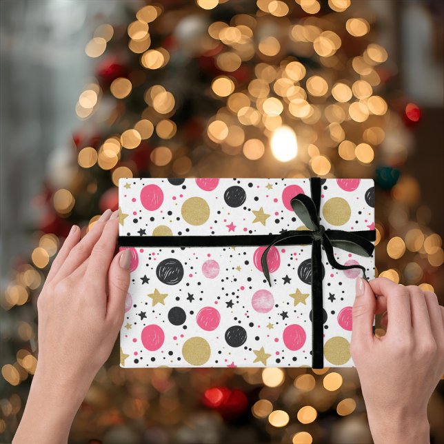 Modern Pink Black Gold Christmas Wrapping Paper Geschenkpapier (Von Creator hochgeladen)