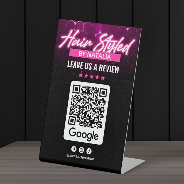 Modern Pink Black Hair Salon Google Review QR Code Sockelschild (Von Creator hochgeladen)