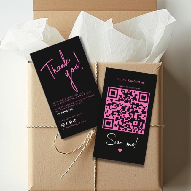 Modern pink black order thank you QR code Visitenkarte (Von Creator hochgeladen)