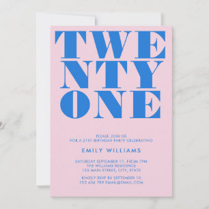 Modern Pink Blue Bold Typografie 21. Geburtstag Einladung