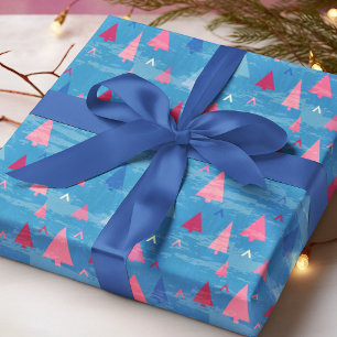 Modern Pink Blue Christmas Tree Muster Geschenkpapier
