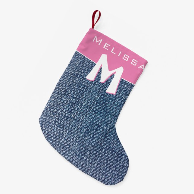 Modern Pink Blue Denim Jeans Monogram Name Kids Kleiner Weihnachtsstrumpf (Vorderansicht (hängend))