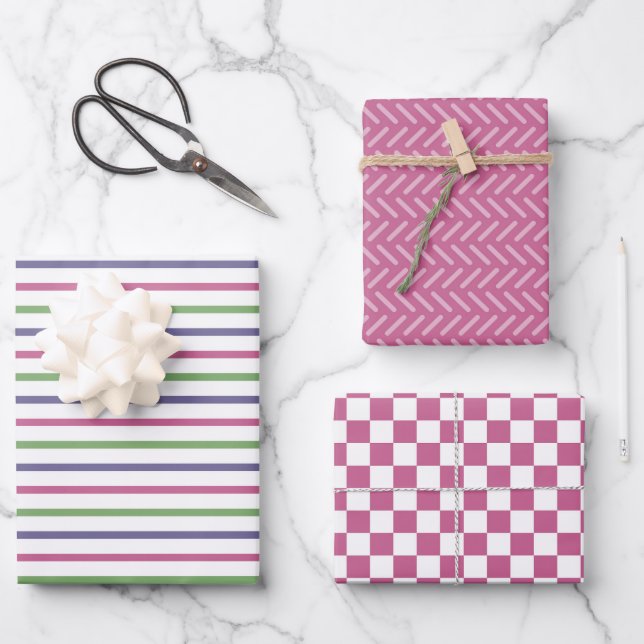 Modern Pink, Blue, Green Stripes, Pink Checkered Geschenkpapier Set (Vorderseite)