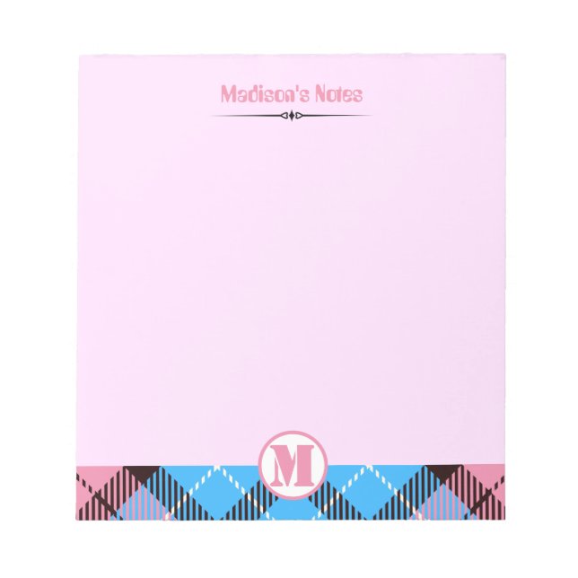 Modern Pink Blue Kariert Tartan Monogram Script Na Notizblock (Vorderseite)