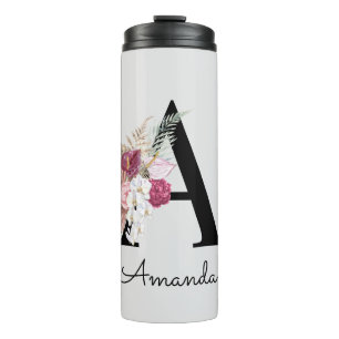 Modern Pink Boho Floral Initial A Thermosbecher