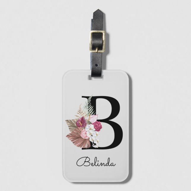 Modern Pink Boho Girly Floral Initial B Gepäckanhänger (Vorderseite Vertikal)