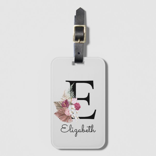 Modern Pink Boho Girly Floral Initial E Gepäckanhänger (Vorderseite Vertikal)