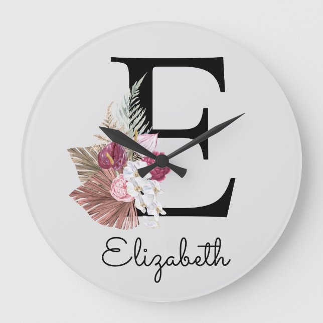Modern Pink Boho Girly Floral Initial E Große Wanduhr (Vorderseite)