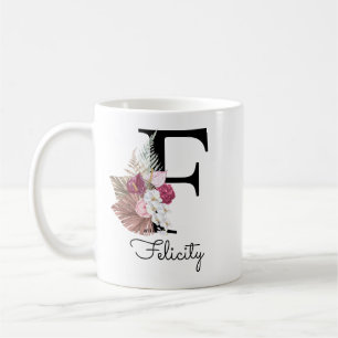 Modern Pink Boho Girly Floral Initial F Kaffeetasse