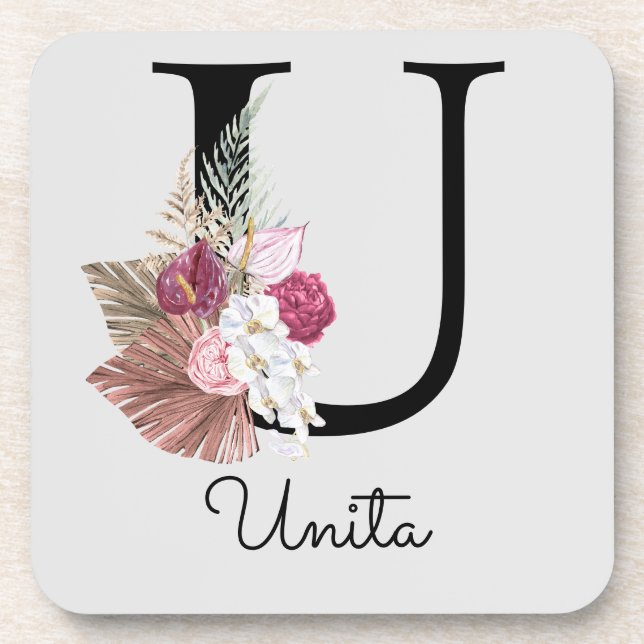 Modern Pink Boho Girly Floral Initial U Getränkeuntersetzer (Vorderseite)