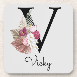 Modern Pink Boho Girly Floral Initial V Getränkeuntersetzer