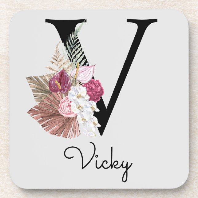 Modern Pink Boho Girly Floral Initial V Getränkeuntersetzer (Vorderseite)