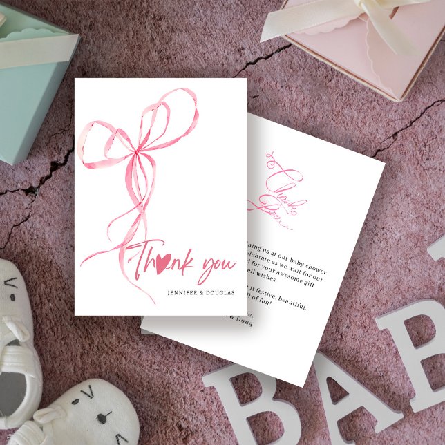 Modern Pink Bow Baby Shower Ribbon Heart Dankeskarte (Von Creator hochgeladen)
