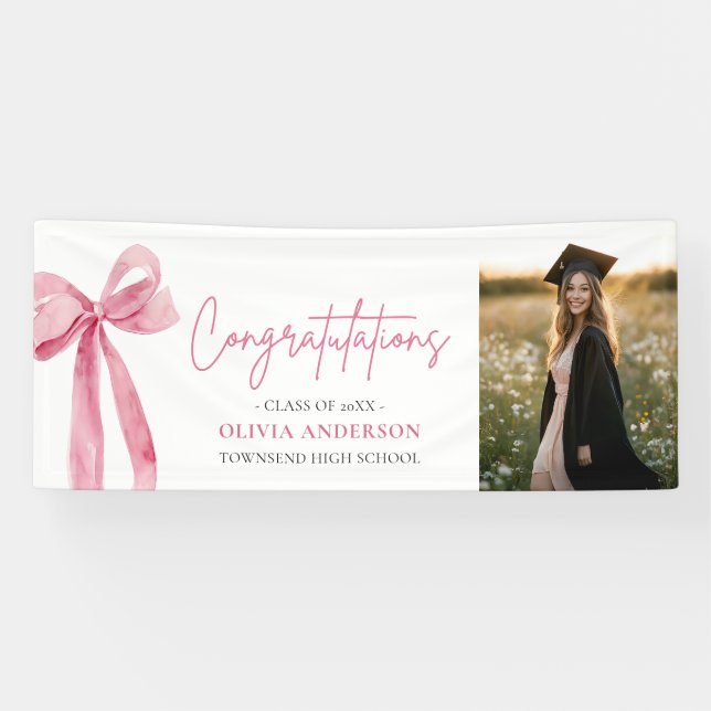 Modern Pink Bow Coquette Abschluss Gratulation Banner (Horizontal)