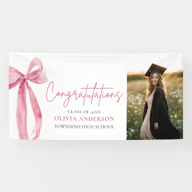 Modern Pink Bow Coquette Abschluss Gratulation Banner (Horizontal)