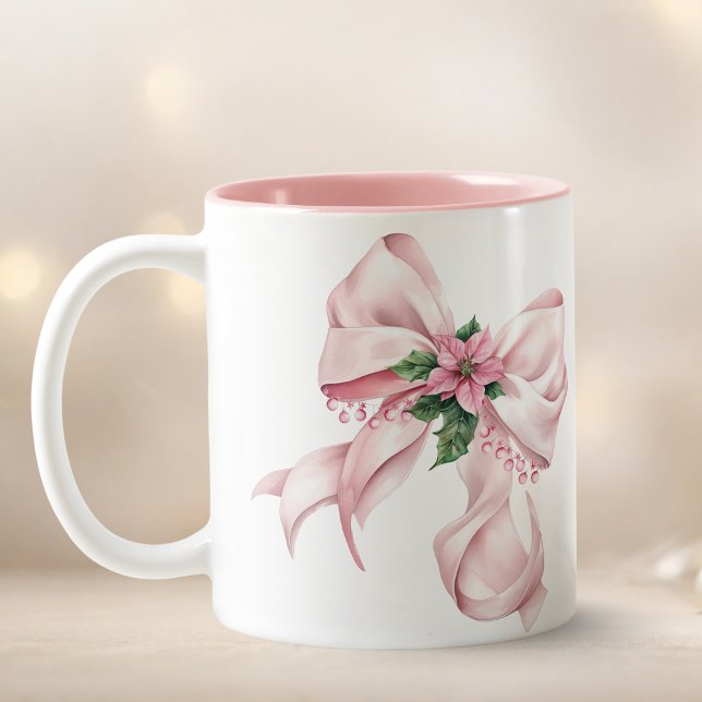Modern Pink Bow poinsettia Christmas Name Zweifarbige Tasse (Pink Bow Floral Christmas Name Mug)