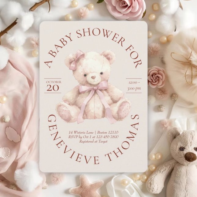 Modern Pink Bow Teddy Bear Baby Shower Invitation Einladung (Von Creator hochgeladen)
