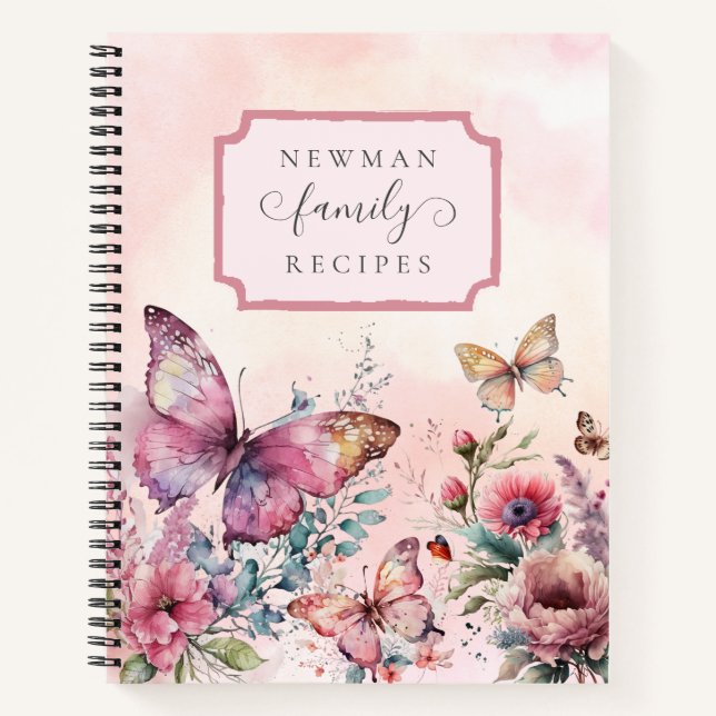 Modern Pink Butterfly Wilde Blume Rezept Notizbuch (Vorderseite)