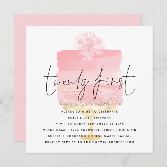 Modern Pink Cake 21. Geburtstagseinladung Mitteilungskarte (Vorne/Hinten)