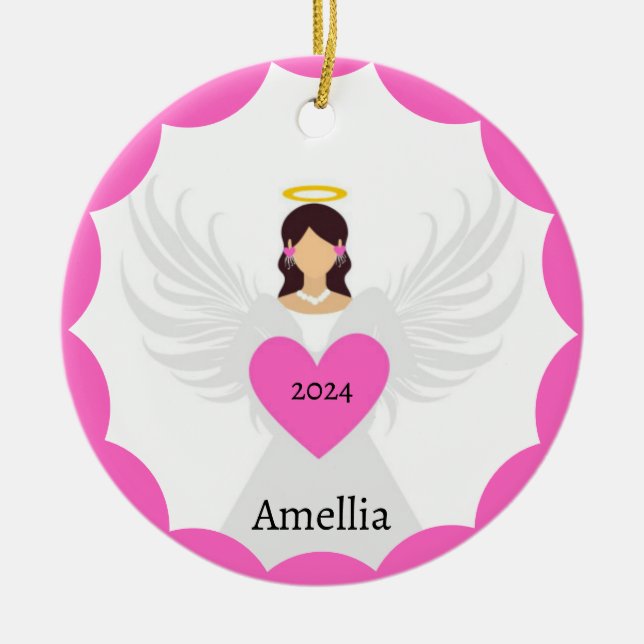 Modern Pink Christmas Angel Herz Individuelle Name Keramik Ornament (Vorne)