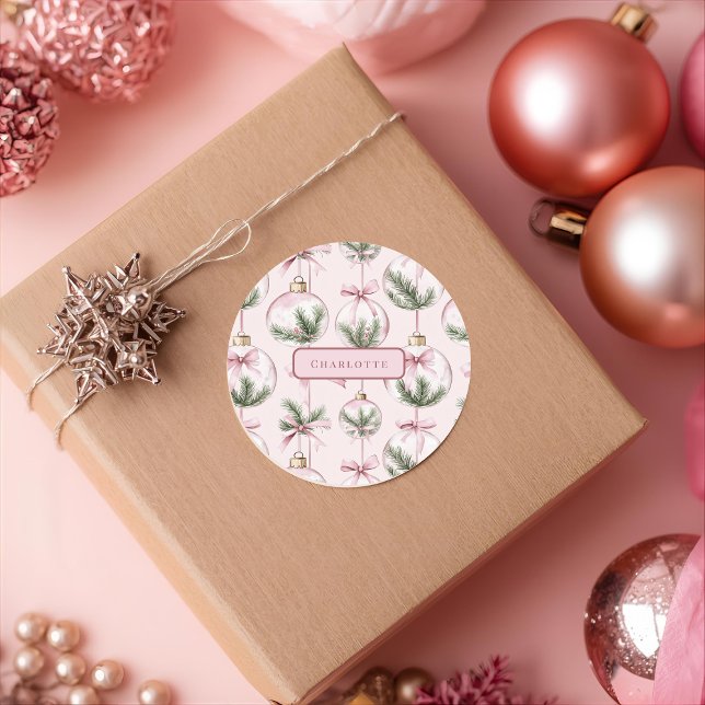 Modern Pink Christmas Ornament Personalized Sticke Runder Aufkleber (Von Creator hochgeladen)