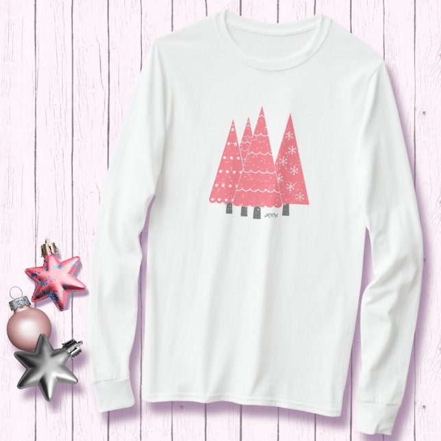 Modern Pink Christmas Trees Monogram T - Shirt (Von Creator hochgeladen)
