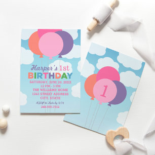 Modern Pink Colorful Balloons First Birthday Party Einladung