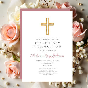 Modern Pink Cross Religious Girl First Communion Einladung