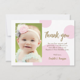 Modern Pink Dots Gold First birthday baptism photo Dankeskarte