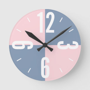 Modern pink, dusty blue color blocks large numbers runde wanduhr