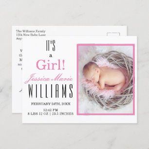 Modern Pink Es ist ein Mädchen! Baby Birth Announc Postkarte