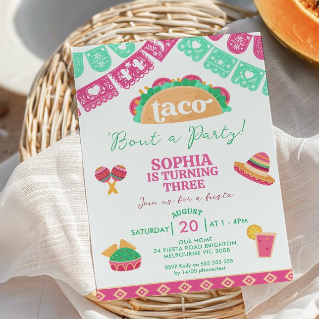 Modern Pink Fiesta Taco Bout Ein Party zum Geburts Einladung (Taco 'bout a Party Birthday Invitation Template Girl, Taco  Fiesta Birthday Invitation, Mexican)