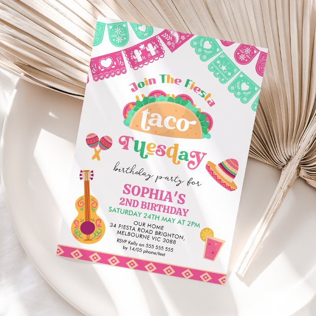 Modern Pink Fiesta Taco Dienstag, 2. Geburtstag Einladung (Colorful Taco Tuesday 2nd Birthday Invitation Template, Fiesta 2nd Birthday Invitation, Mexican)