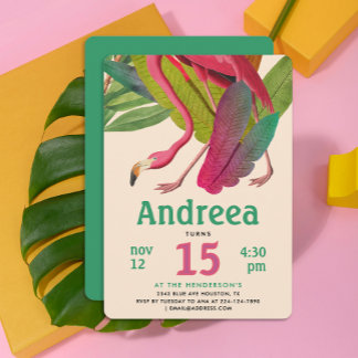 Modern Pink Flamingo Green Tropical Summer Leaves Einladung