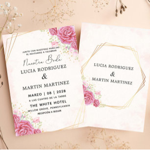 Modern Pink Floral Gold Spanische Nuestra Boda Einladung