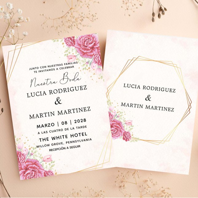 Modern Pink Floral Gold Spanische Nuestra Boda Einladung (Von Creator hochgeladen)