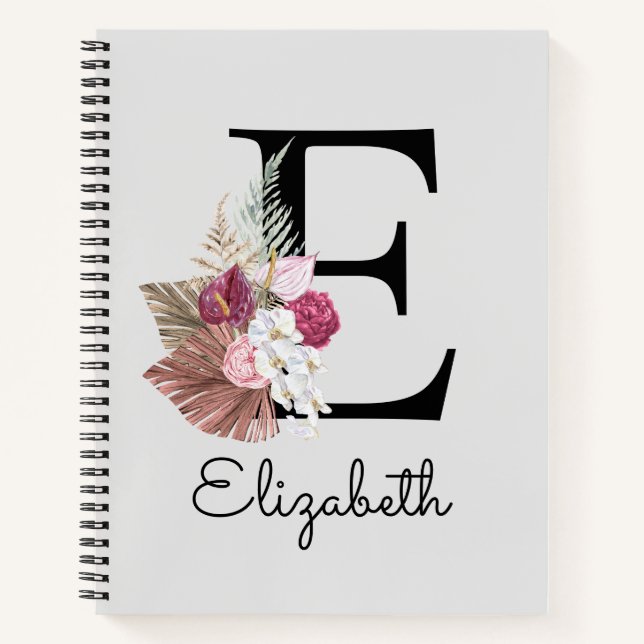 Modern Pink Floral Initial E Notizbuch (Vorderseite)